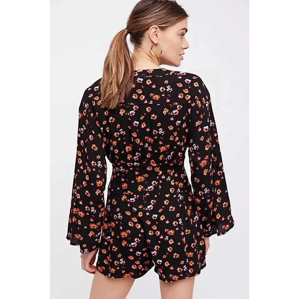 New Free People x L'amour Floral Romper Black Combo Long Sleeve $98 Size 0